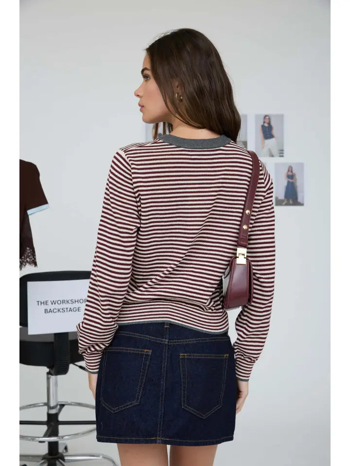 Stripe Contrast Trim Knit Cardigan