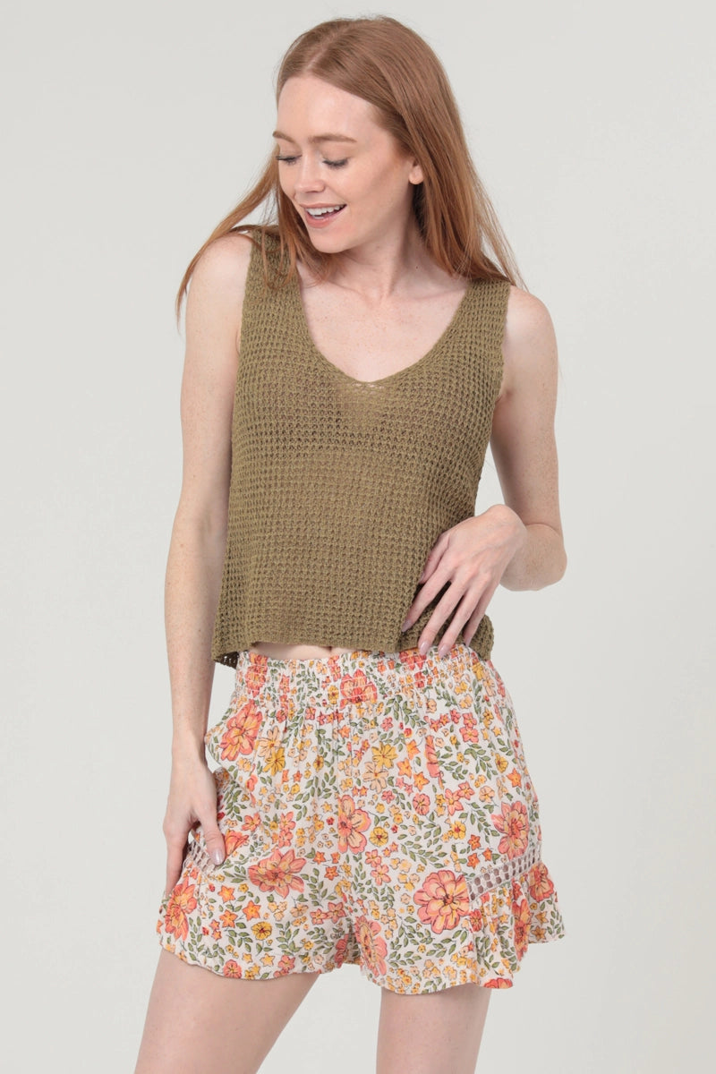 Lace Inserts Floral Print Shorts Smocked Waist