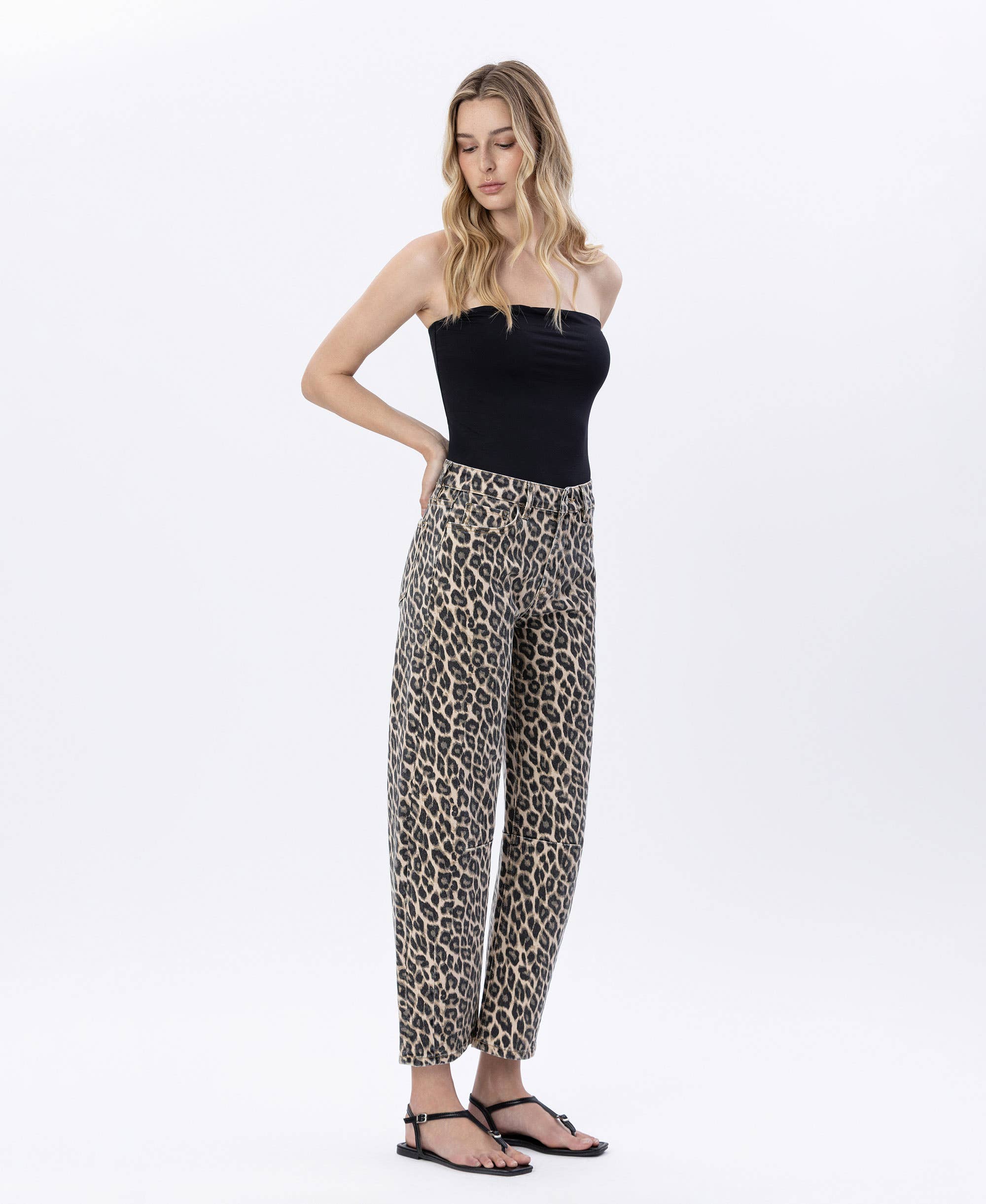 High Rise Barrel Leopard Print Denim