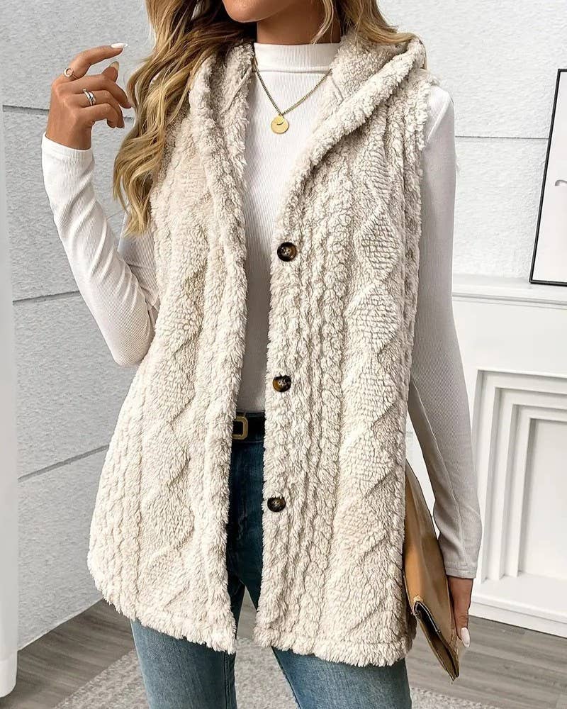 Double-sided Plush Hooded Button Vest