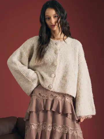 Lace Exposed Boxy Cardigan Sweater
