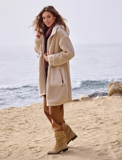 Faux-Sherpa Zip Front Hooded Coat
