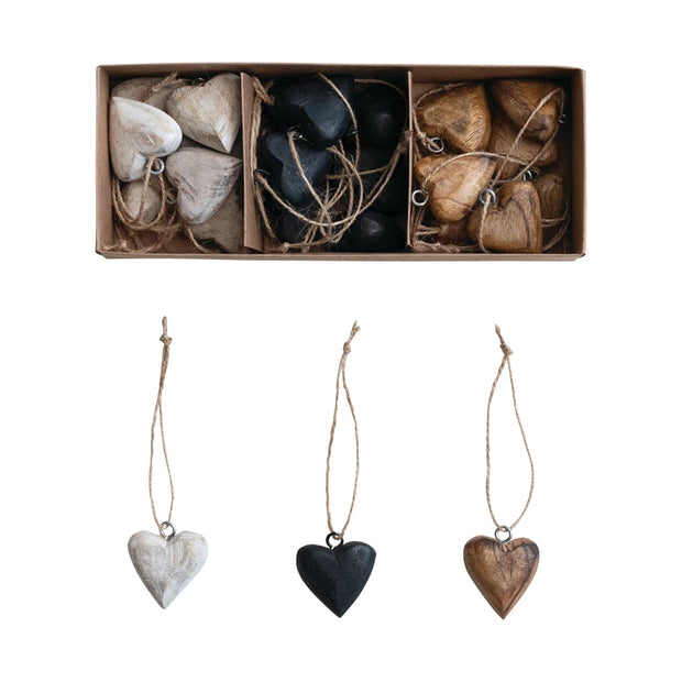 Mango Wood Heart Ornaments, Set of 24
